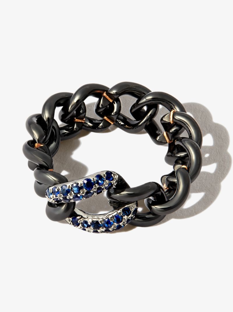 18k Black Gold Curb Chain Sapphire Ring