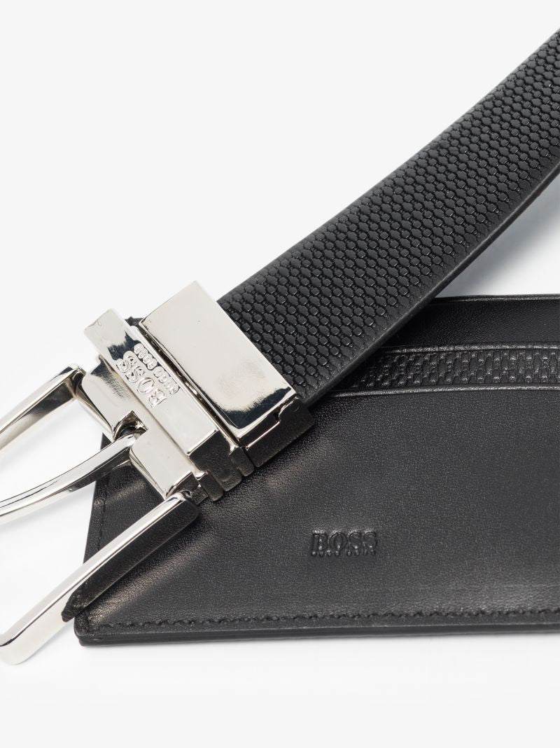 Black Leather Belt and Card Holder Gift Set