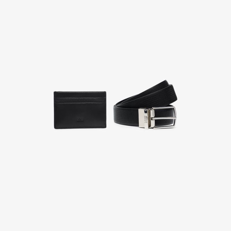 Black Leather Belt and Card Holder Gift Set
