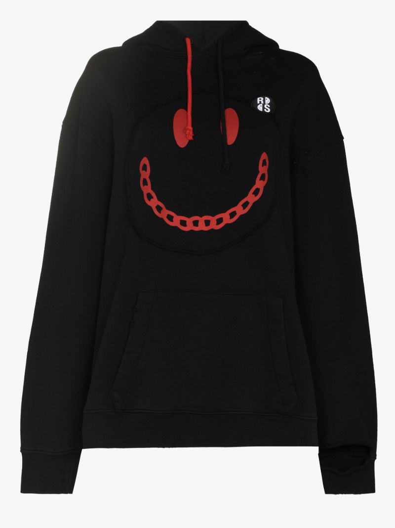X Smiley Distressed Printed Cotton Hoodie
