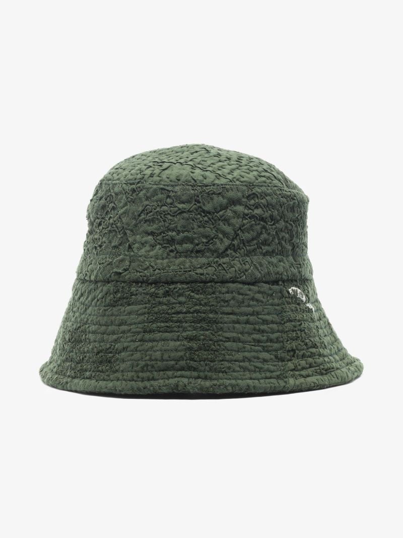Green Callum Embroidered Patchwork Linen Bucket Hat