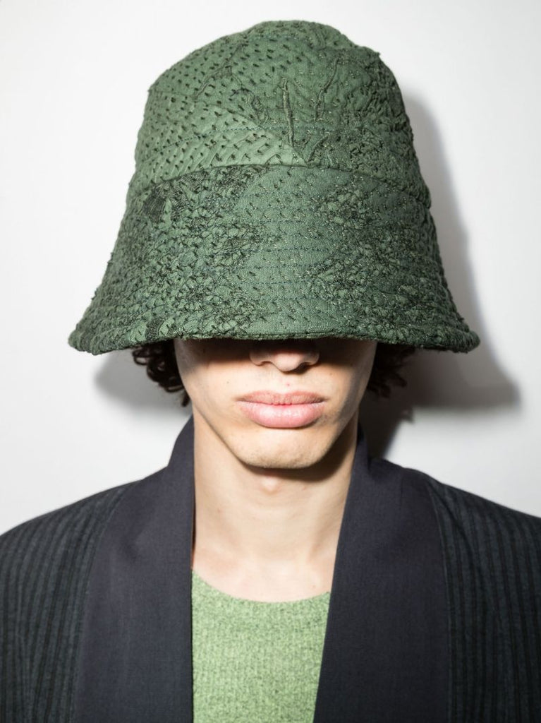 Green Callum Embroidered Patchwork Linen Bucket Hat