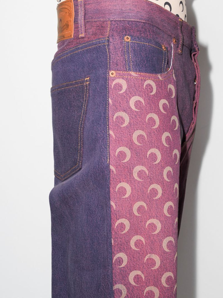 Crescent Moon Print Patchwork Straight Leg Jeans