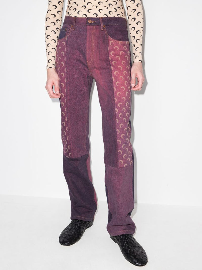 Crescent Moon Print Patchwork Straight Leg Jeans