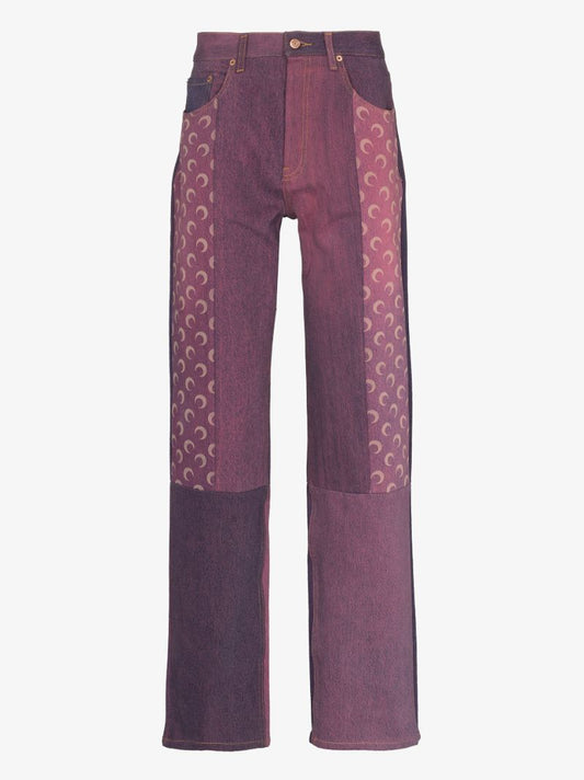 Crescent Moon Print Patchwork Straight Leg Jeans