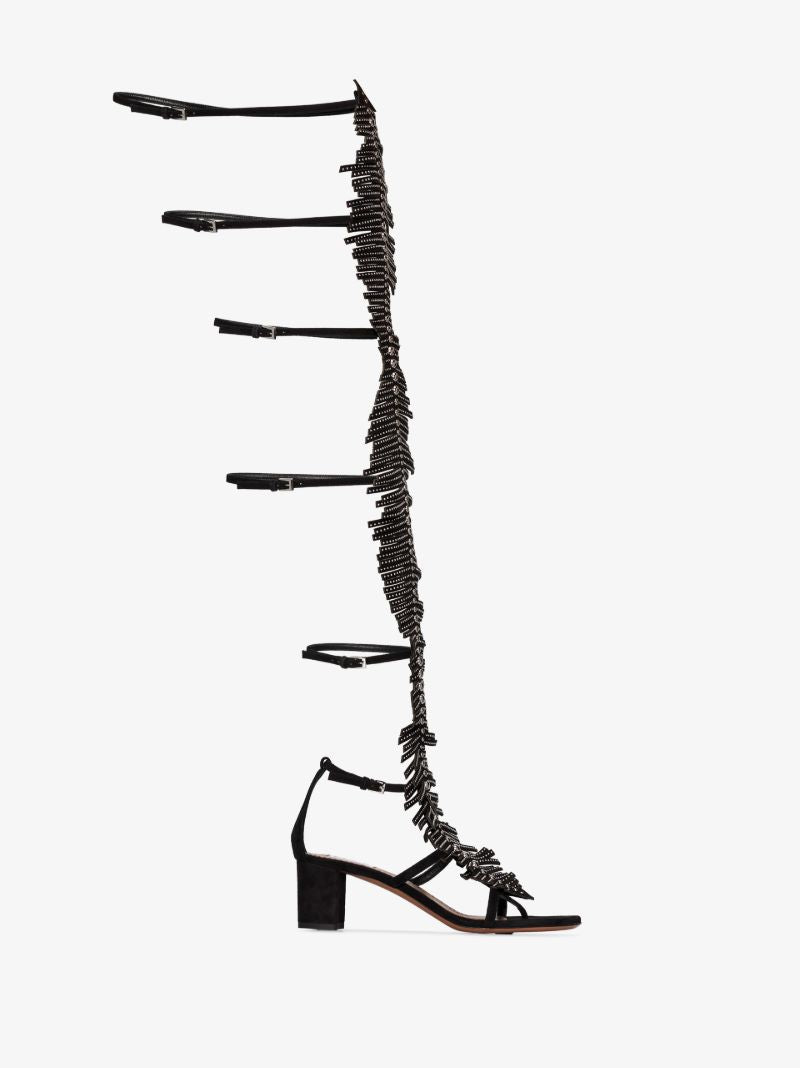 Black Fringed Knee-high Leather Gladiator Sandals