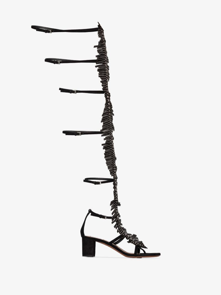 Black Fringed Knee-high Leather Gladiator Sandals
