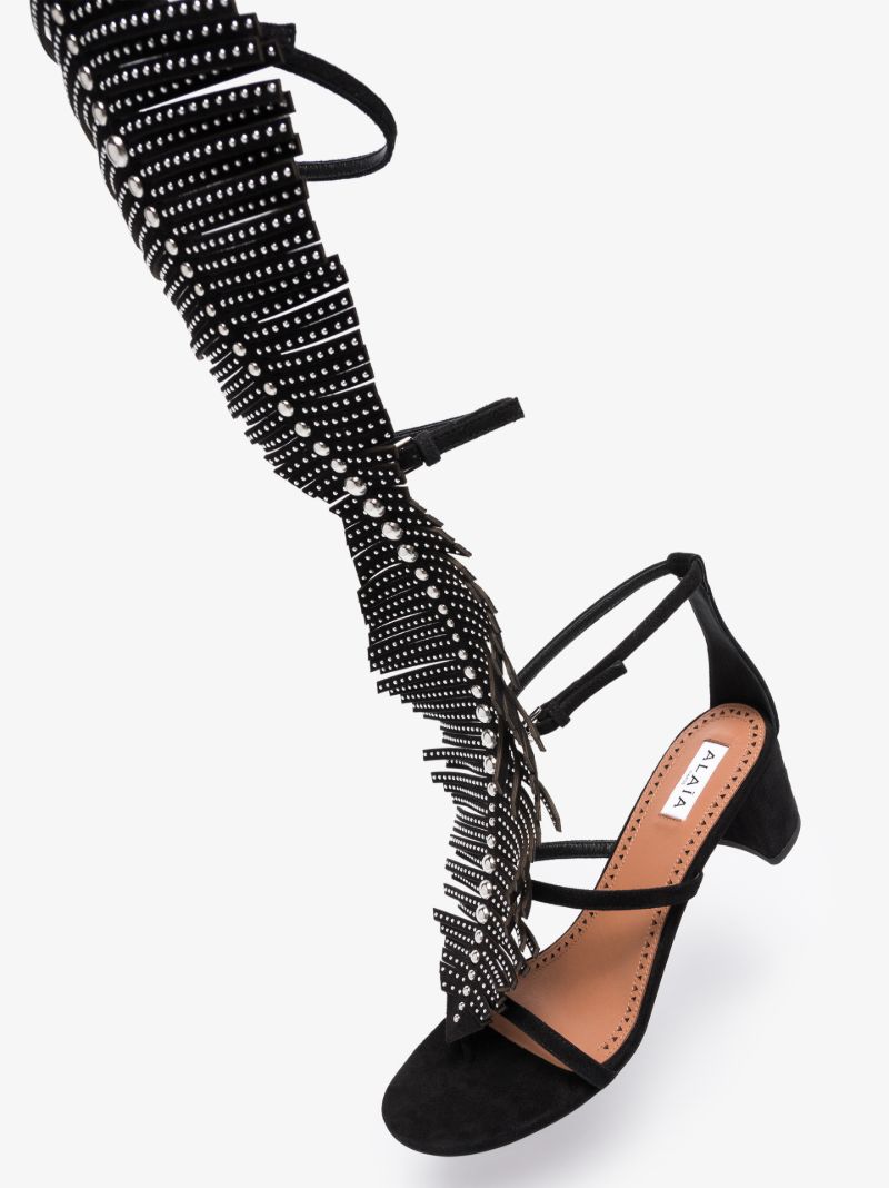 Black Fringed Knee-high Leather Gladiator Sandals