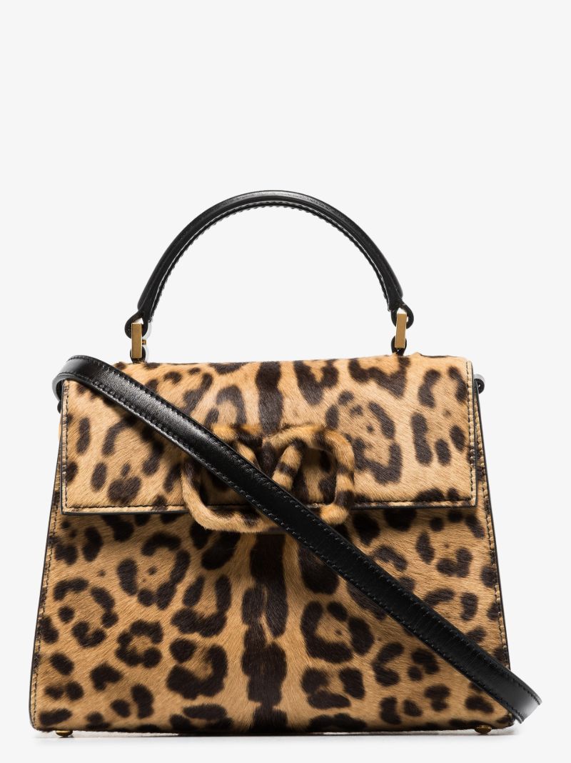 Brown Vlogo Small Leopard Print Top Handle Bag