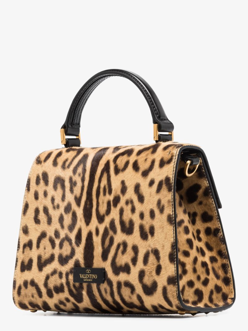 Brown Vlogo Small Leopard Print Top Handle Bag