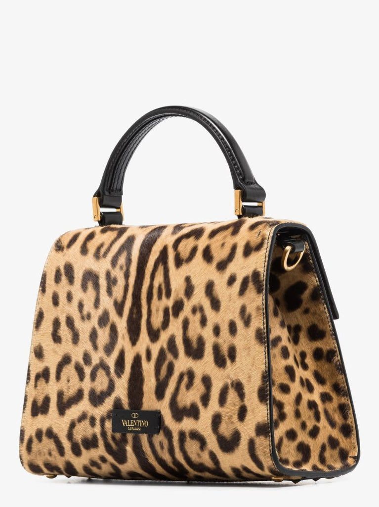 Brown Vlogo Small Leopard Print Top Handle Bag