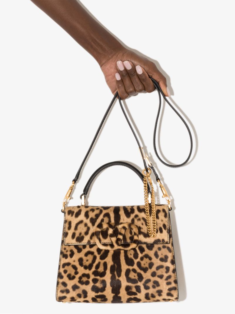 Brown Vlogo Small Leopard Print Top Handle Bag