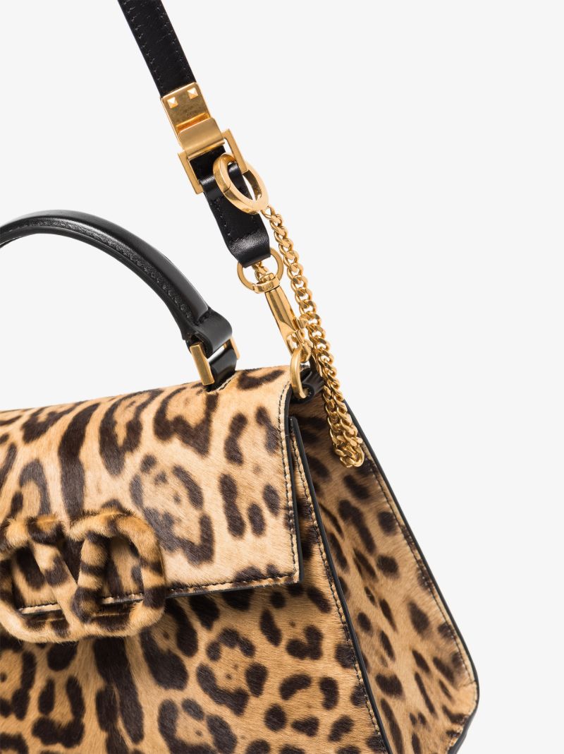 Brown Vlogo Small Leopard Print Top Handle Bag