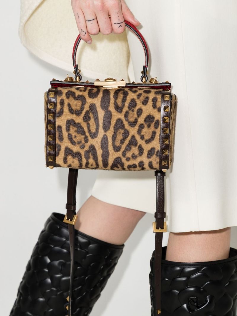 Brown Rockstud Mini Leopard Print Leather Tote Bag