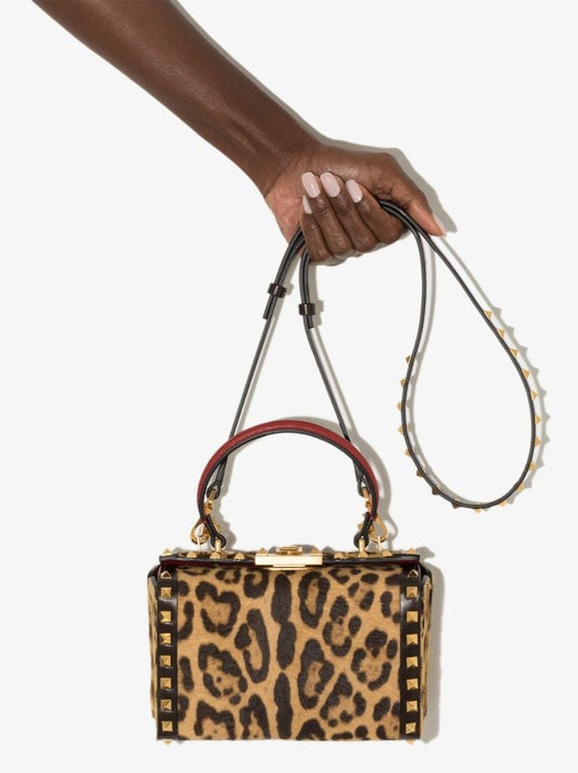 Brown Rockstud Mini Leopard Print Leather Tote Bag