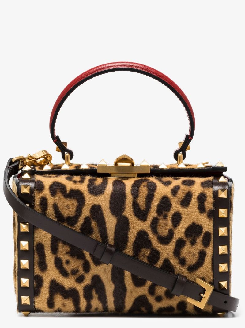 Brown Rockstud Mini Leopard Print Leather Tote Bag