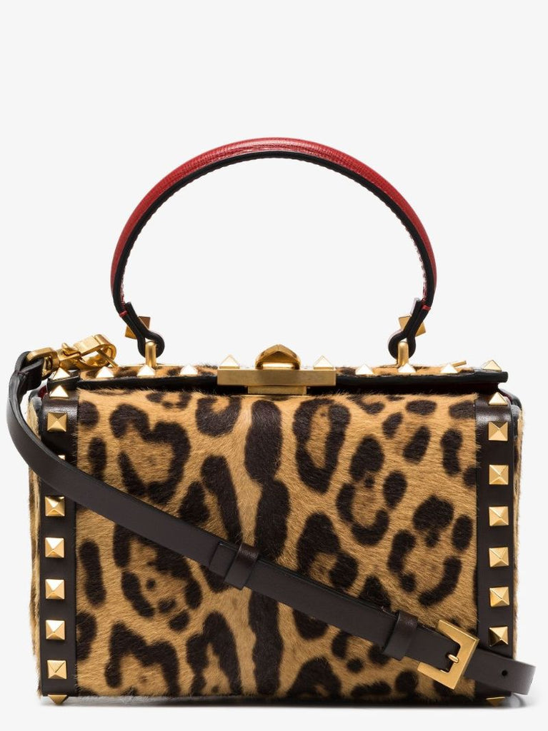 Brown Rockstud Mini Leopard Print Leather Tote Bag