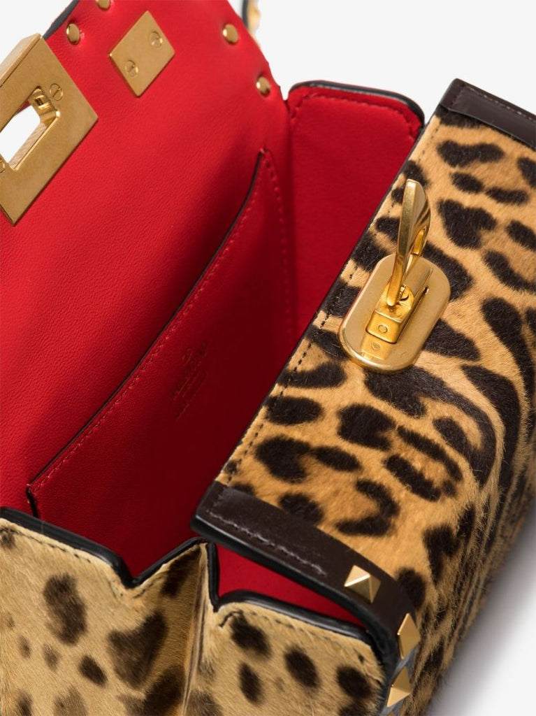 Brown Rockstud Mini Leopard Print Leather Tote Bag