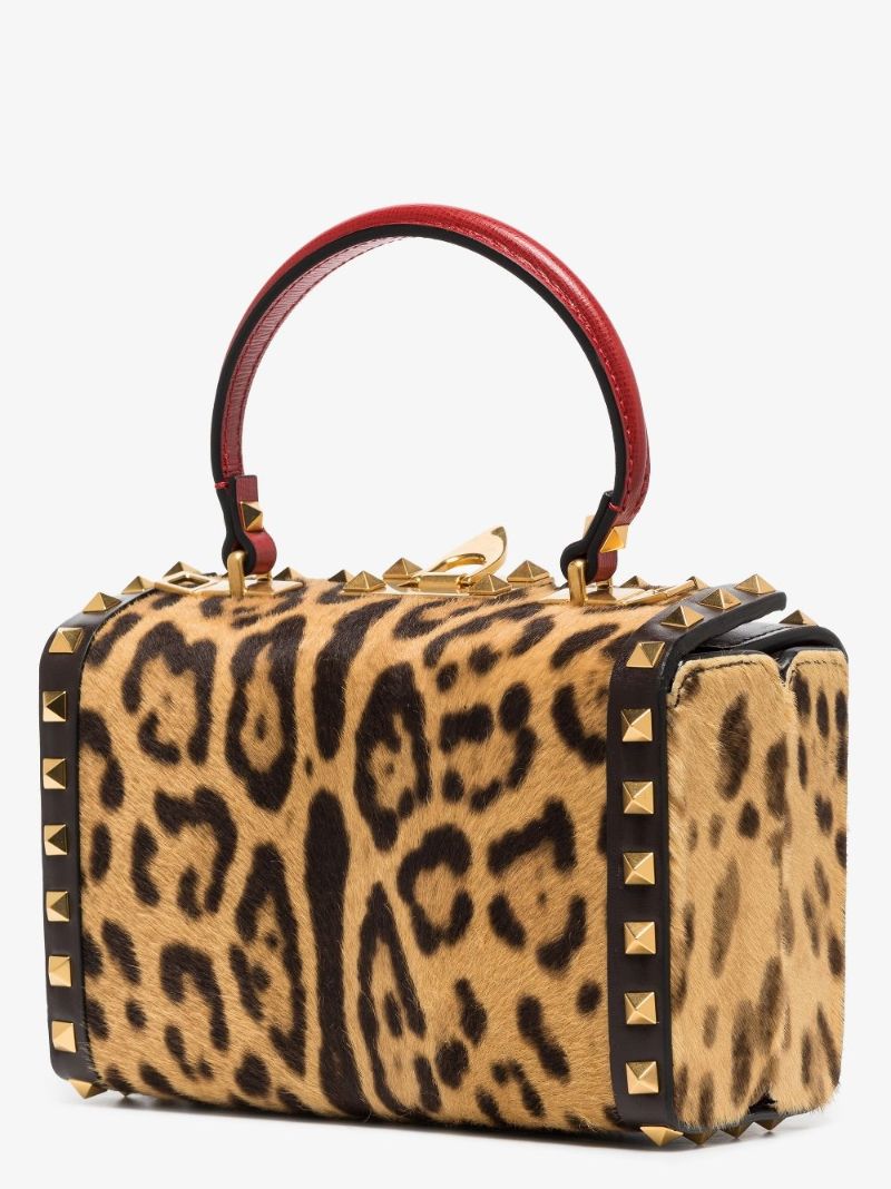 Brown Rockstud Mini Leopard Print Leather Tote Bag
