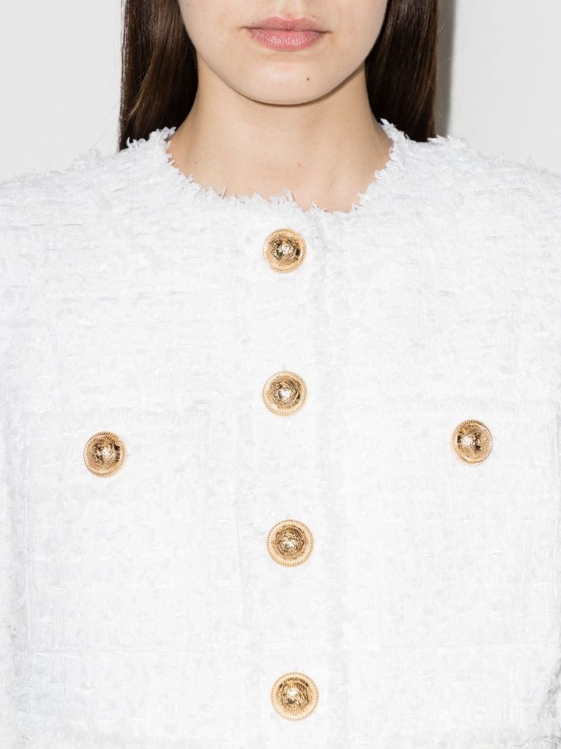 Collarless Buttoned Tweed Jacket