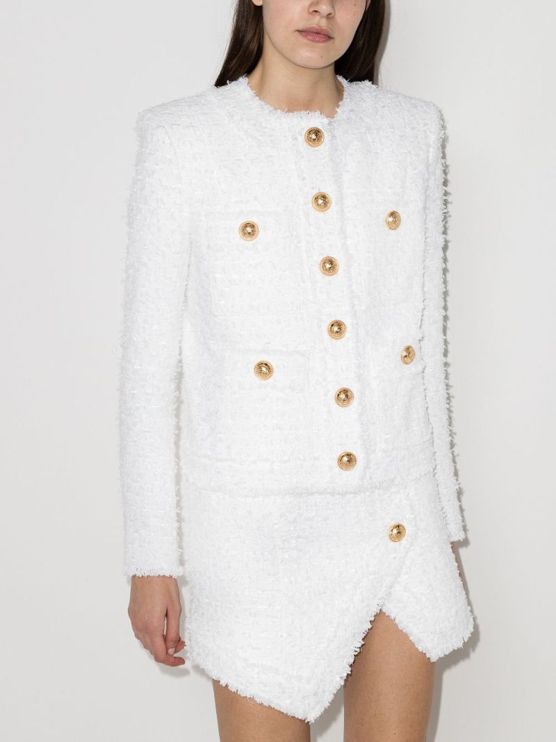 Collarless Buttoned Tweed Jacket
