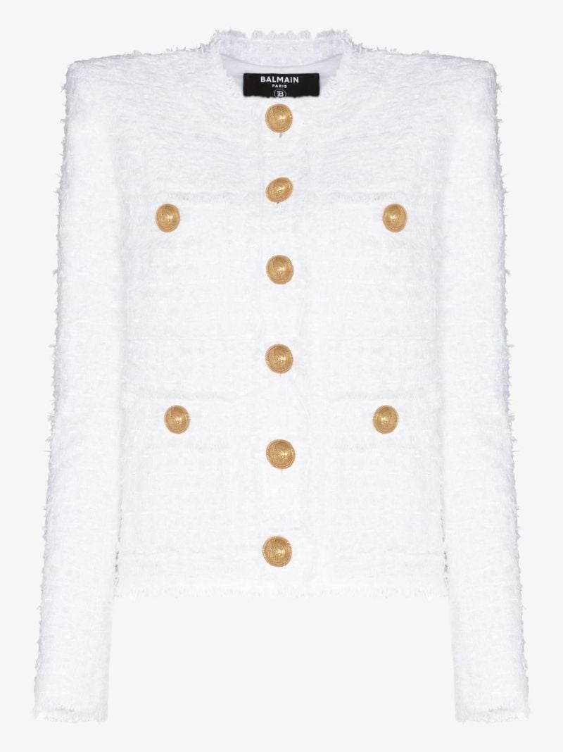 Collarless Buttoned Tweed Jacket