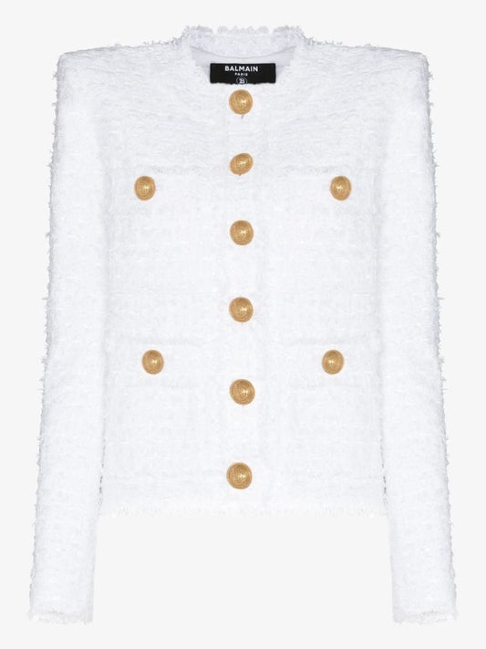 Collarless Buttoned Tweed Jacket