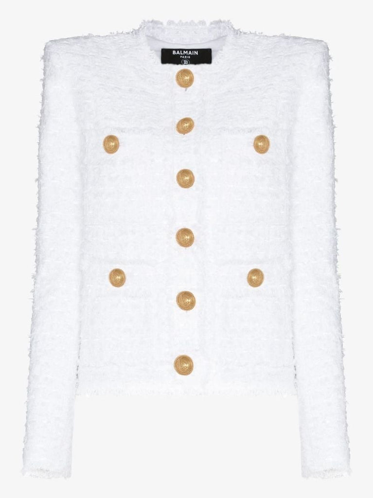 Collarless Buttoned Tweed Jacket
