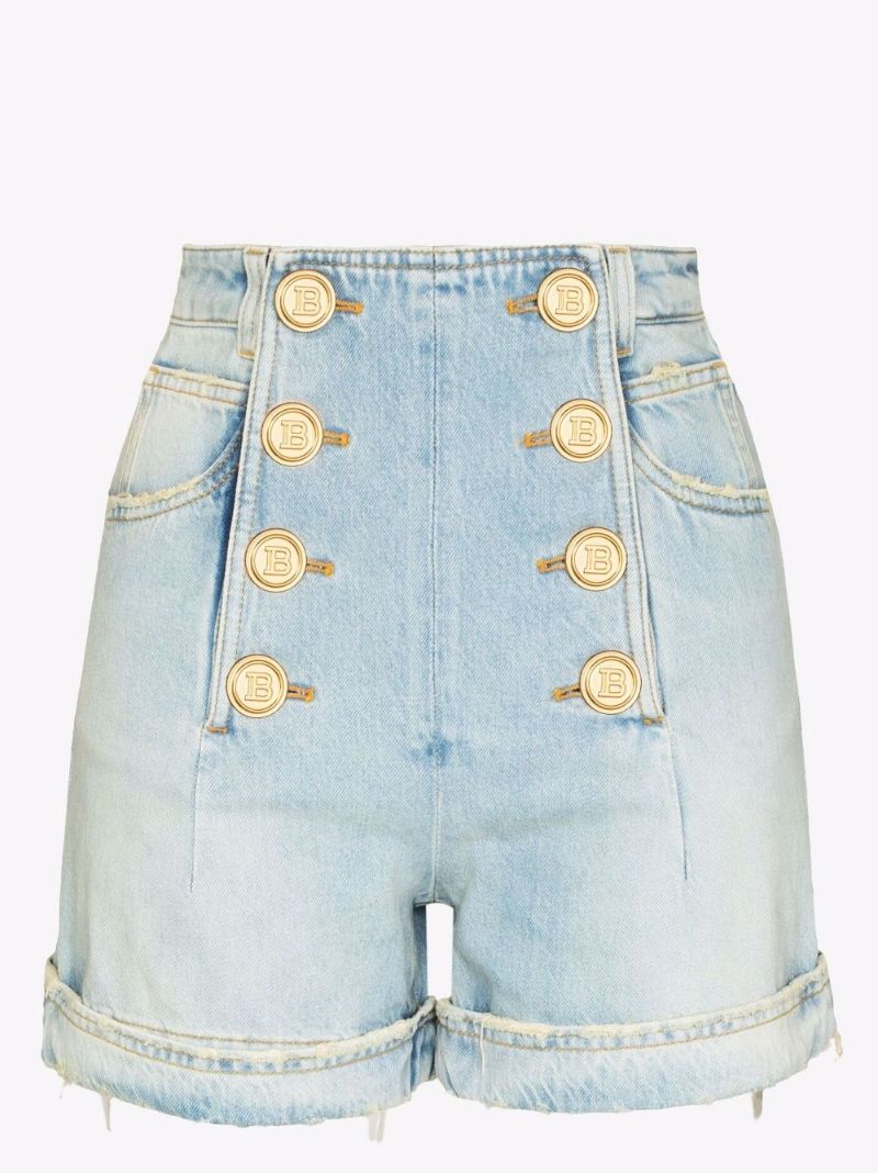 Button Embellished High Waist Denim Shorts