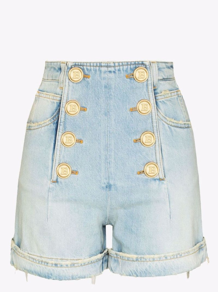Button Embellished High Waist Denim Shorts