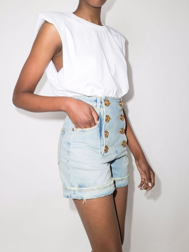 Button Embellished High Waist Denim Shorts