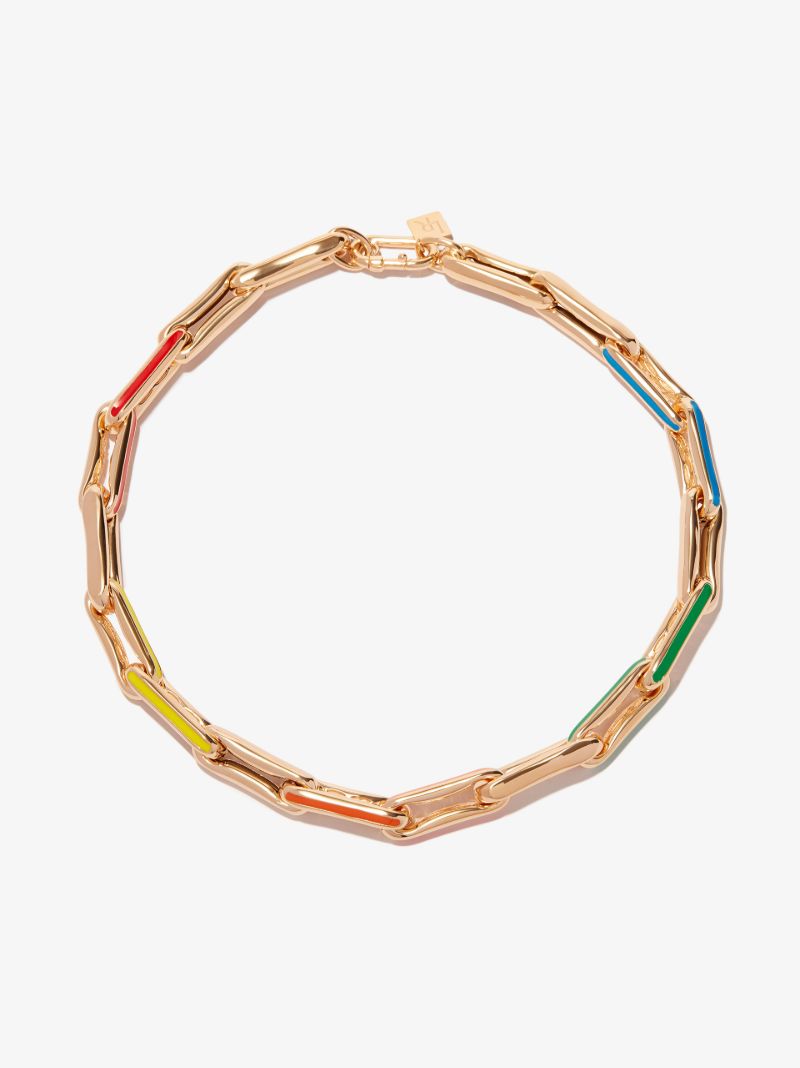 14k Yellow Gold Long Link Rainbow Enamel Necklace