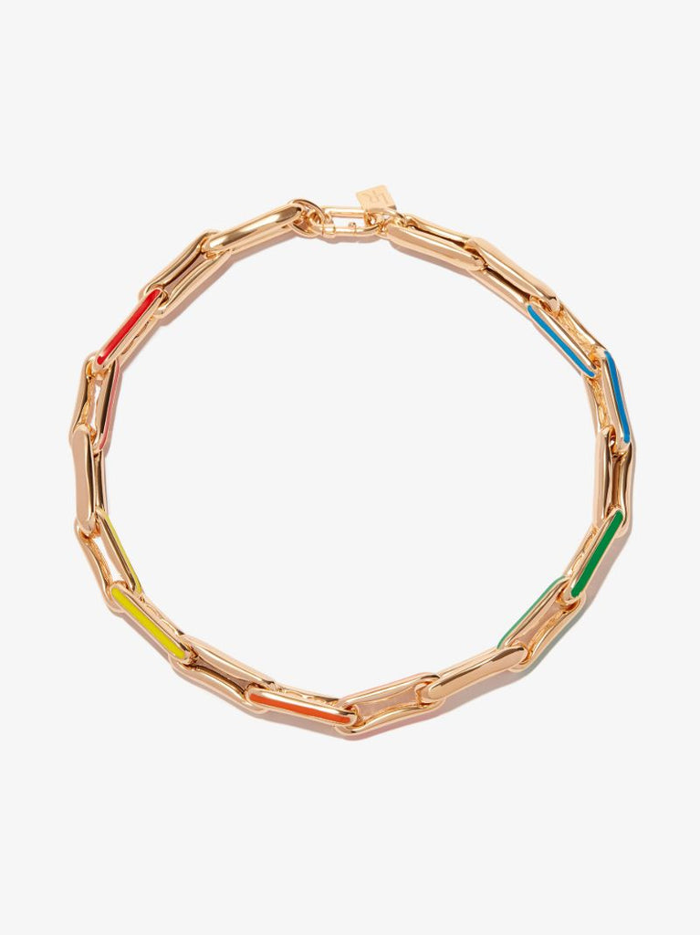 14k Yellow Gold Long Link Rainbow Enamel Necklace