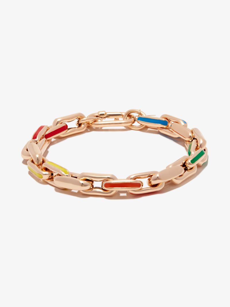 14k Yellow Gold Small Square Link Rainbow Enamel Bracelet