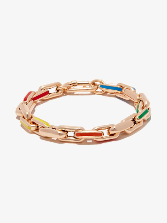 14k Yellow Gold Small Square Link Rainbow Enamel Bracelet
