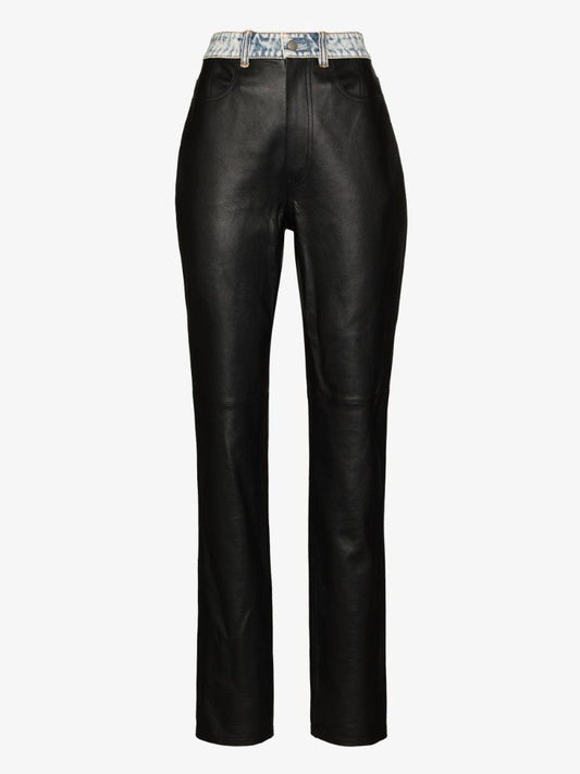Denim Waistband Leather Trousers