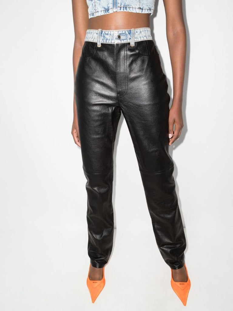 Denim Waistband Leather Trousers