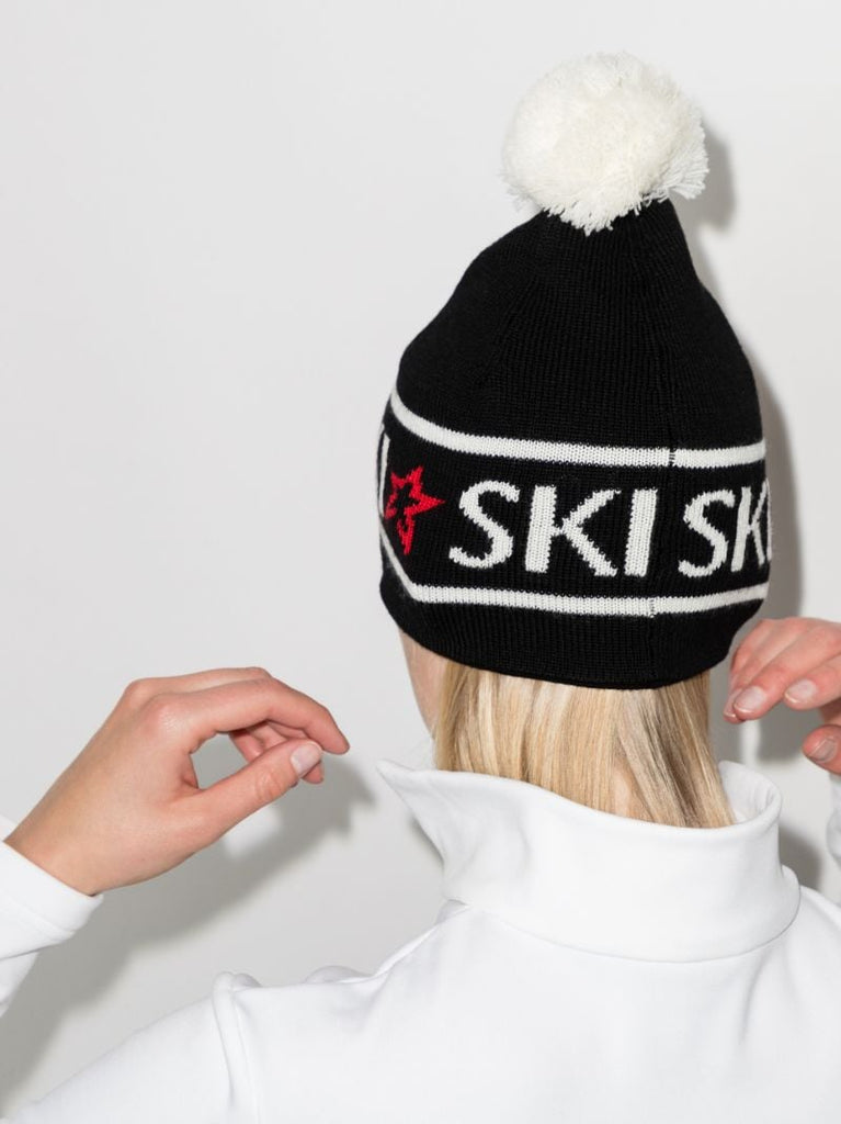 Black Ski Wool Beanie Hat