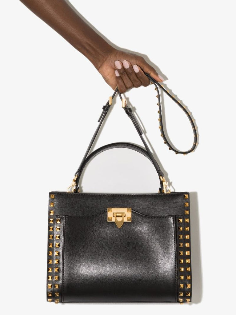 Black Rockstud Alcove Medium Leather Top Handle Bag