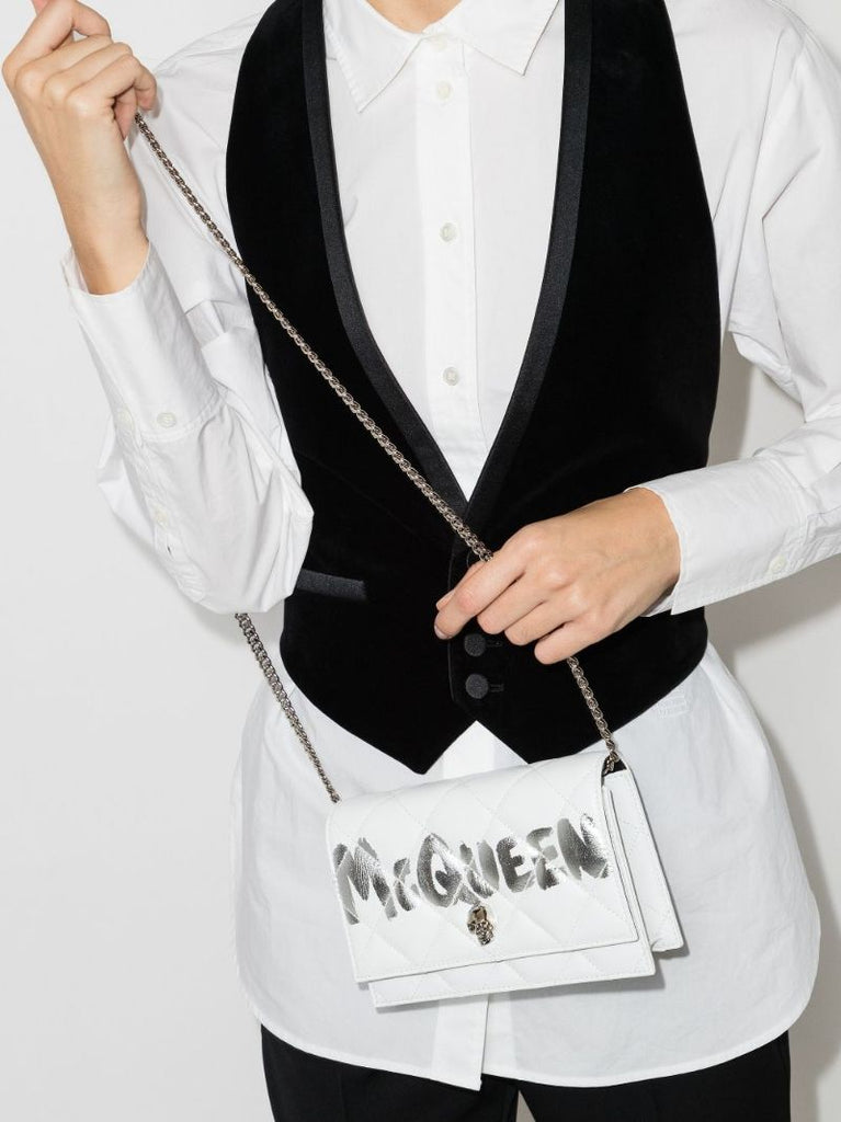 White Logo Quilted Leather Clutch Bag