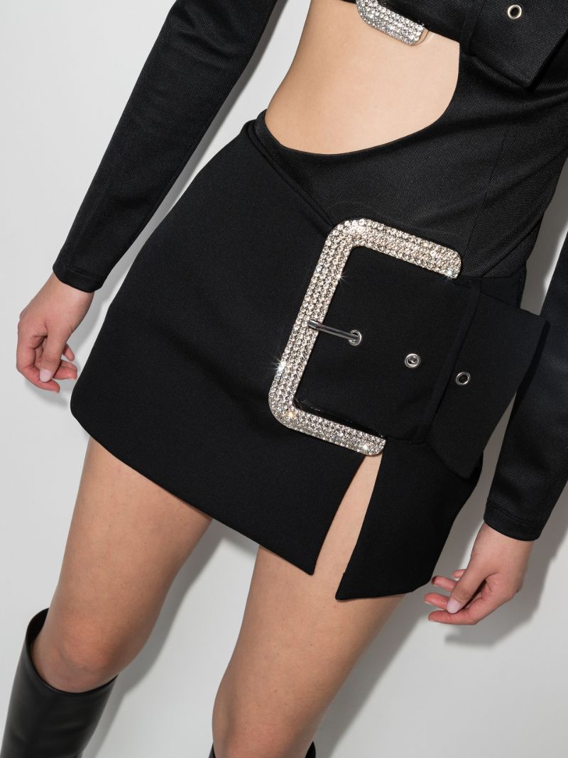 Crystal Buckle Wool Mini Skirt