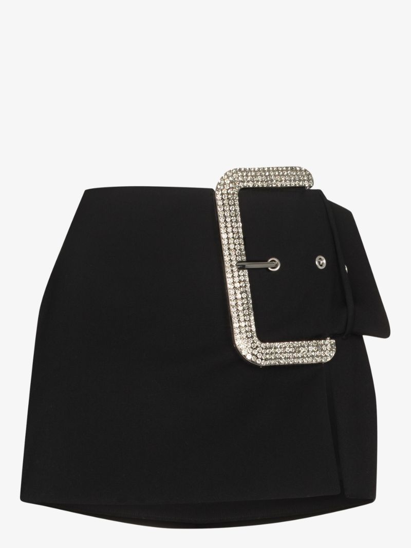 Crystal Buckle Wool Mini Skirt