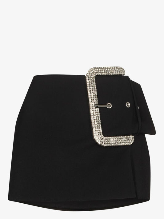 Crystal Buckle Wool Mini Skirt