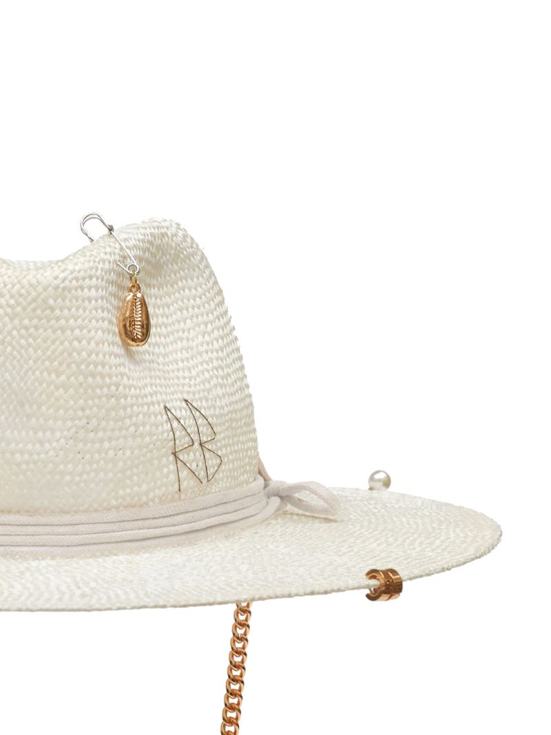 Neutral Embellished Straw Fedora Hat