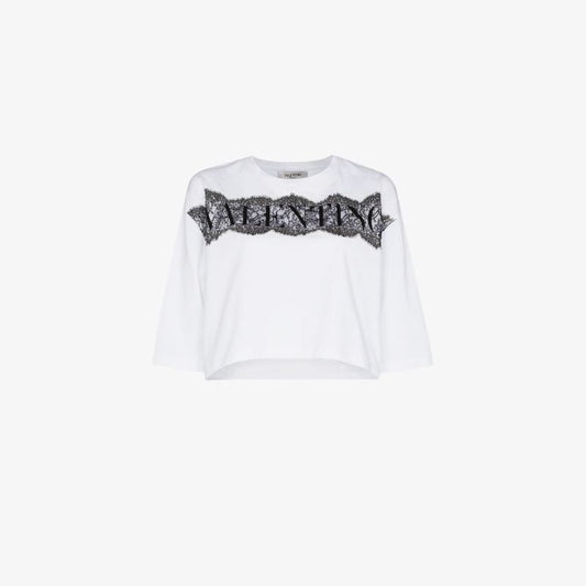 White Logo Lace Cotton T-shirt
