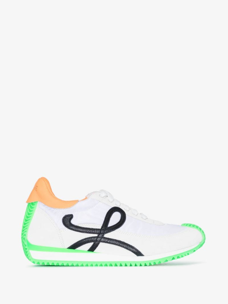 White and Green Flow Runner Suede Sneakers