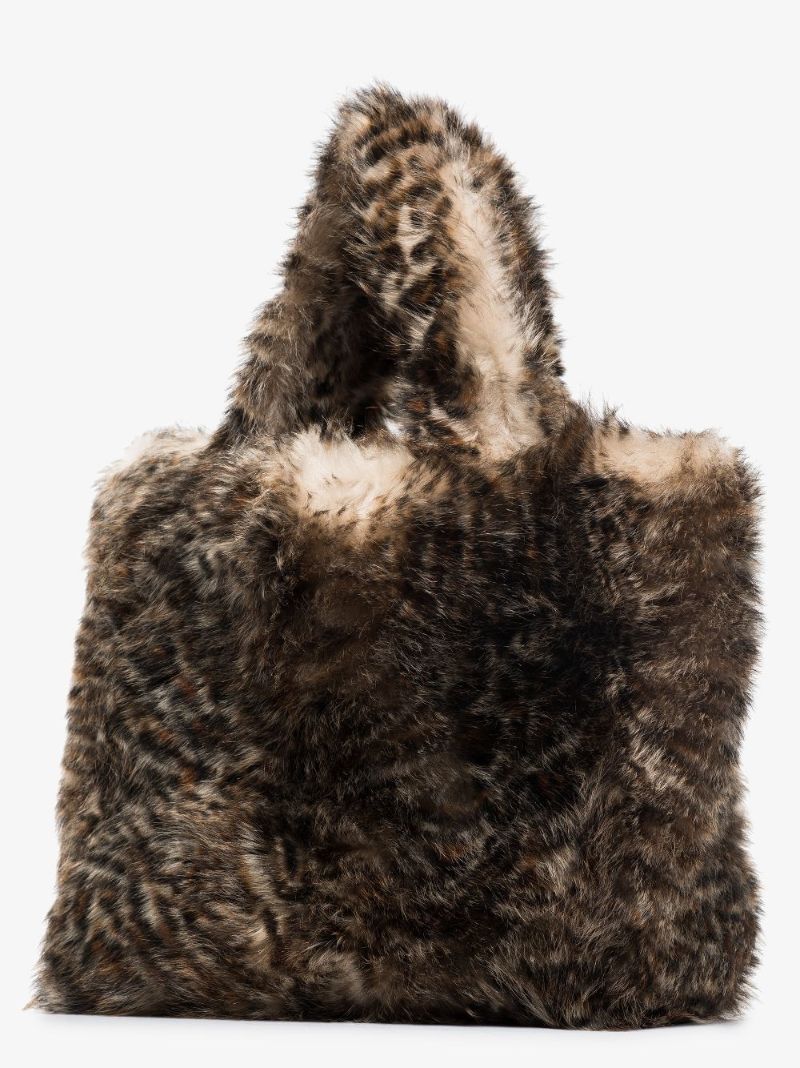 Brown Leopard Print Shearling Tote Bag