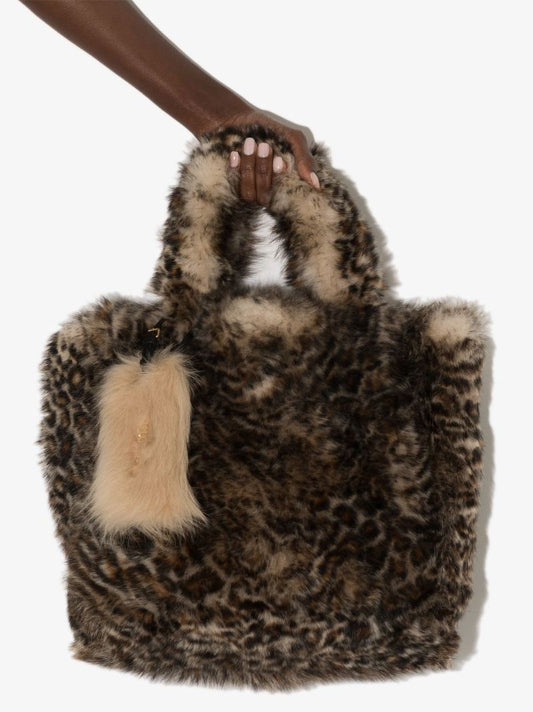 Brown Leopard Print Shearling Tote Bag