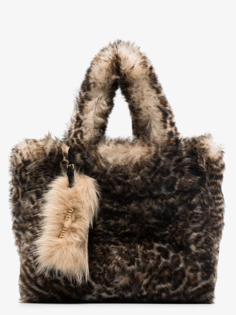 Brown Leopard Print Shearling Tote Bag