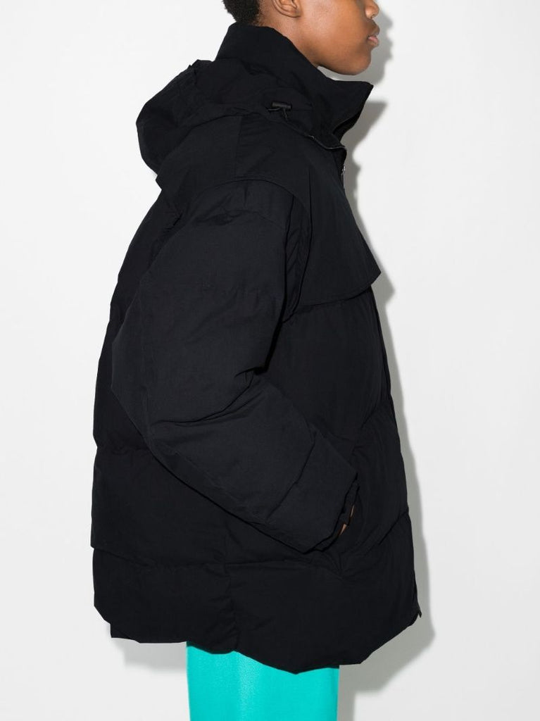 Black Hooded Quilted Cotton Coat